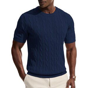 Men's Navy Blue Crewneck Tee Shirt Cable Knit Tee Imported Short Sleeve T-shirts